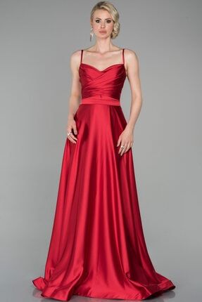 Kadın Kırmızı Uzun Ip Askılı Saten Abiye Elbise Abu1601 ABU1601