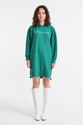 21317-kadın Kapüşonlu Oysho Kalite Uzun Sweatshirt - Zümrüt