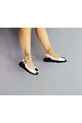 Hakiki Deri Özel Tasarım Anatomik Tabanlı Beyaz Siyah Sandalet 010-8162 CSD010-8162