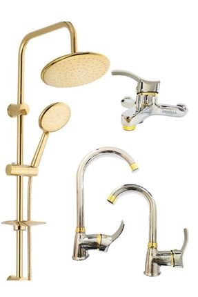Armilla Gold Robot Duş Krom Gold Mutfak Lavabo Banyo Prime Kalite 4'lü Batarya Muslu Çeşme Set Hepsi Sıcak ve Soğuk Girişlidir
