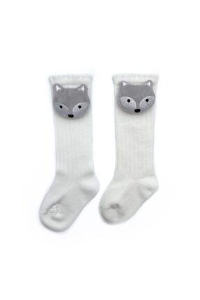Kız / Erkek Bebek Gri Tilki Figürlü 3d Aksesuarlı Beyaz Renk Çorap 0-2 Yaş SOC-GFS