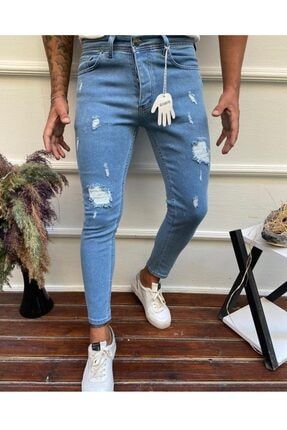 Erkek Buz Mavi Jean Italyan Kesim Denım Lazerli Skinny Kot pantolon bız8014