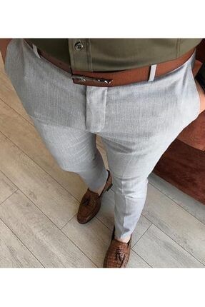 Erkek Gri Italyan Kesim Slim Fit Keten Pantolon bız1041