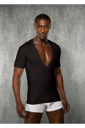 Erkek Siyah Derin V Yaka Kısa Kol T Shirt Çetiner-2850