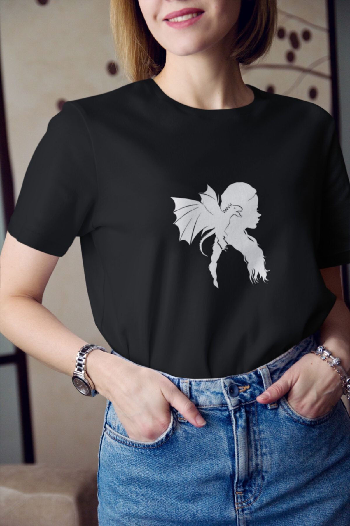 Kio Tasarım-Game Of Thrones Khaleesi Mother of Dragon Printed Women's T-Shirt - Black and White 1
