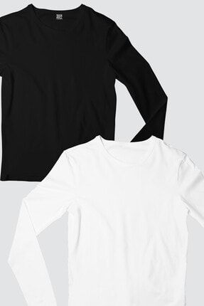 Kadın Siyah, Beyaz Düz Uzun Kollu T-shirt 2'li Eko Paket 1M2BW922AX