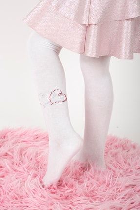 Kız Çocuk Ikili Kalp Desen Kristal Taş Baskılı Beyaz Renk Külotlu Çorap 1 Adet m0c0302-1144