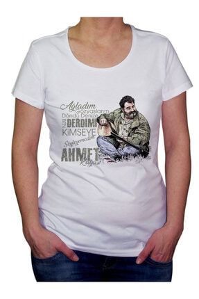 Ahmet Kaya Baskılı Kısa Kol Geniş Yaka Beyaz Kadın T-shirt MMKKKBT149