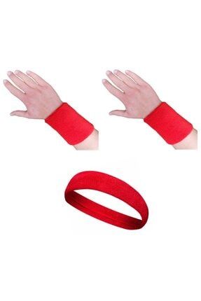 Unisex Kırmızı Sporcu Havlu Kafa Bandı El Bilekliği - 1 Takım 2 Adet Bileklik 1 Adet Kafabandı votexband