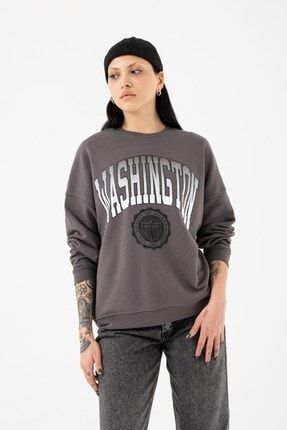 Oversize Washington Şardonsuz Füme Kadın Sweatshirt MW9016