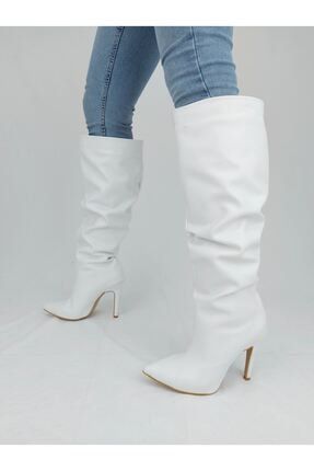 Away Beyaz Cilt Stiletto Diz Altı Topuklu Çizme OZL-RDKL35336
