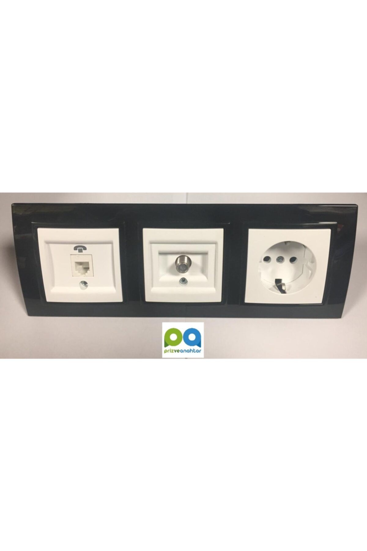 ELBİ-Zena Triple Set Grounded Socket Satellite Socket Telephone Socket Triple Frame Black White Set 1