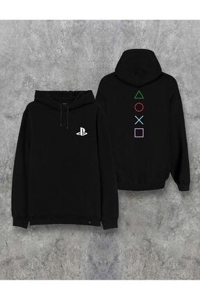 Unisex Siyah Playstation Baskılı Kapüşonlu Sweatshirt PS4