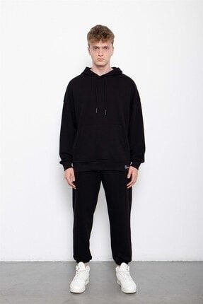 Oversize Basic Şardonsuz Siyah Sweatshirt Eşofman 2'li Takım M3269