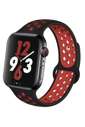 Apple Watch Silikon Delikli Kordon Iwatch Uyumlu Kayış Seri 42 mm/44 mm - Siyah Kırmızı Apple Watch Delikli Kordon-849