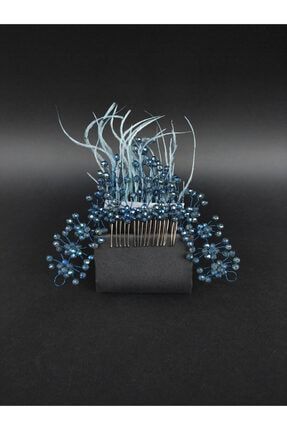 Mavi Boncuklu Taraklı Tüylü Gelin Saç Tokası TA-TARAK-13