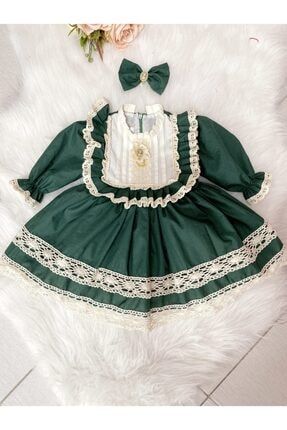 Zümrüt Yeşili Uzun Kollu Vintage Kız Bebek Elbisesi 223333