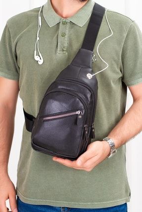 Unisex Deri Çapraz Askılı Omuz Çantası Tek Kol Kulaklık Çıkışlı Body Bag Freebag Siyah (18X30 CM) NWPHFRSD