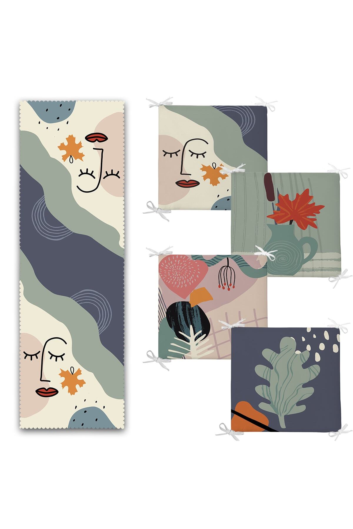 Realhomes-Bohemian Design Digital Printed 4 Zipper Chair Cushion 1 Runner Set 2
