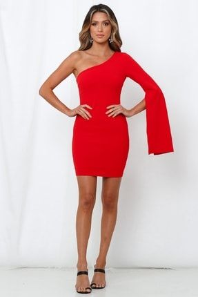 Yırtmaçlı Ispanyol Kol Esnek Kumaş Kırmızı Mini Elbise 021 4S1B-ENG-022