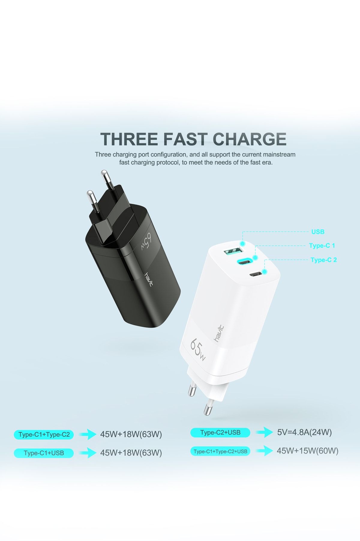 Havit-Uc10 65W Gan Technology Fast Charging Adapter - 2 Type-C, 1 USB Input (MacBook and iPhone Compatible) 5