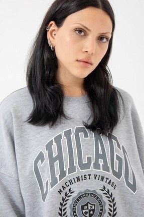 Oversize Chicago Şardonsuz Gri Melanj Kadın Sweatshirt MW9015