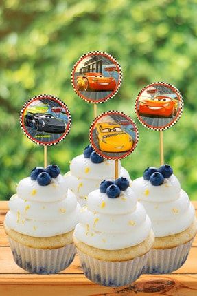 Arabalar Karakterli Kürdan 10 Adet 9 cm Cupcuke Muffin Kokteyl Kürdanı Cars Temalı Şimşek Mc Queen HZRARABAKURDAN