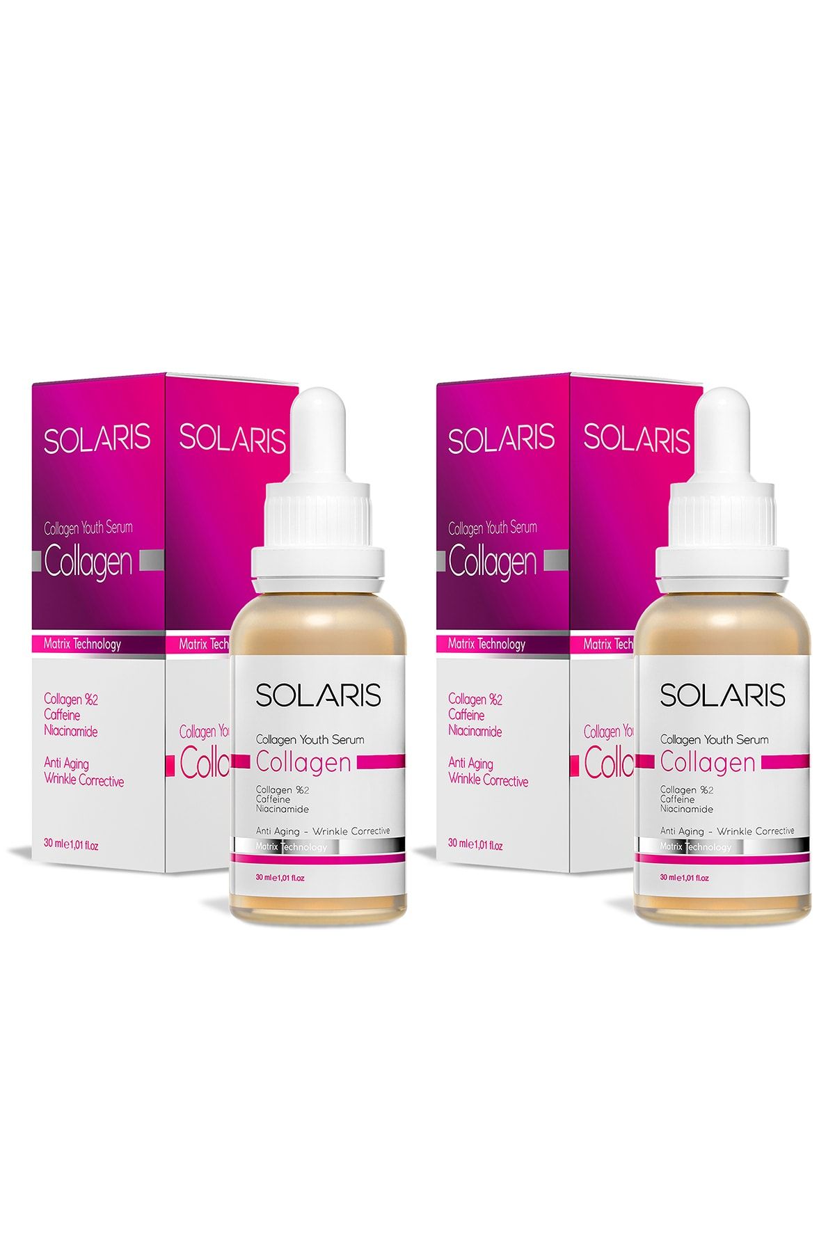 سرم ضد پیری کلاژن پوست 30 میلی لیتر در 2 عدد (2% کلاژن نیاسینامید و کافئین) SOLARIS