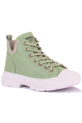 Yeşil - Kadın Boğazlı Taşlı Deri Sneaker GJ21K390-4