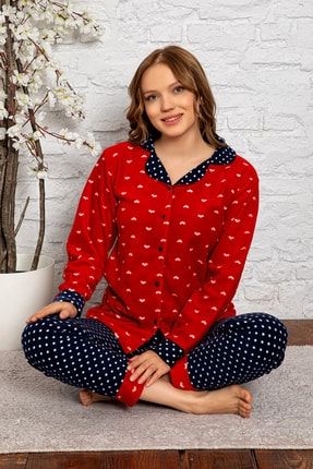 Bayan Kışlık Welsoft Peluş İnci Polar Düğmeli Yılbaşı Pijama Takımı 'İpeksi Doku' 9030