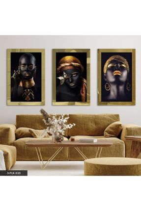 Afrikalı Kadınlar Gold 3 Parça Pleksi Aynalı Tablo EVN-3PLK-535