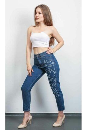 Yüksek Bel Yüz Işleme Mom Jeans 3214