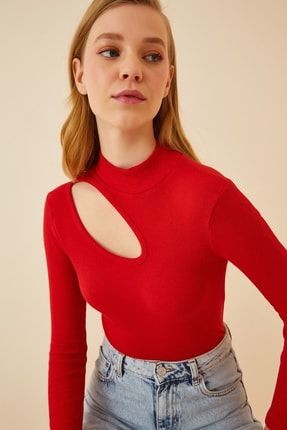 Kadın Kırmızı Cut Out Detaylı Fitilli Örme Bluz GT00065