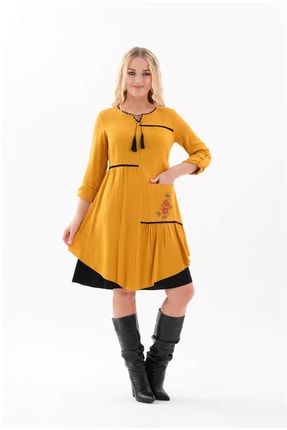 Kadın Hardal Etnik Otantik Nakışlı Elbise ERC9020
