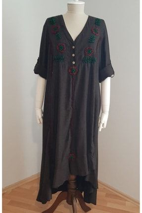 Butik Yazma Etnik Otantik Pamuklu Kadın Kahverengi Elişi Işlemeli Elbise BY204