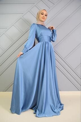 Beli Pilise Detaylı Maxi Elbise Mavi 4340