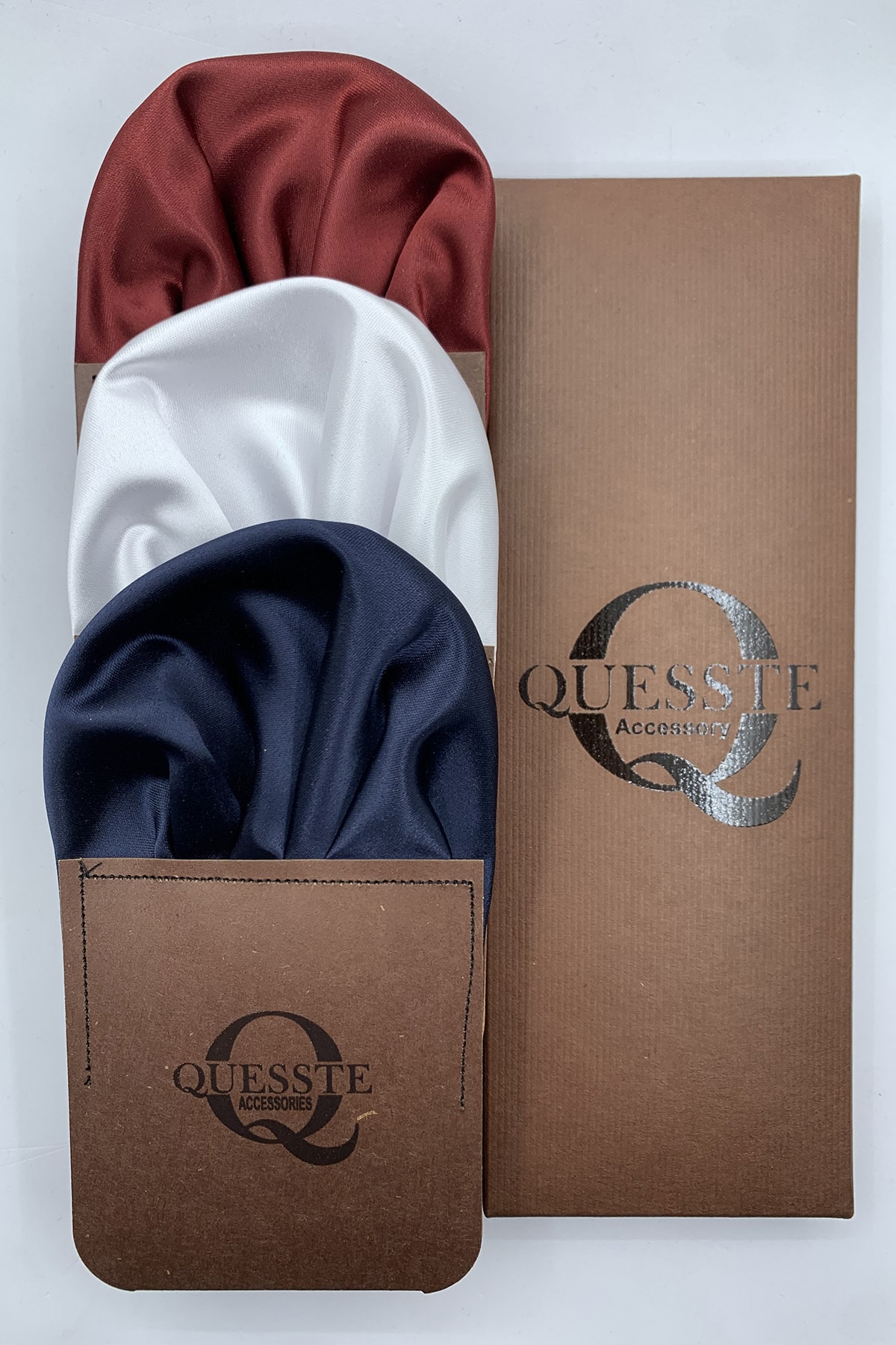 Quesste Accessory Erkek Bordo Beyaz Lacivert 3'lü Set Hazır Katlanmış Takım Elbise Cep Yaka Mendili