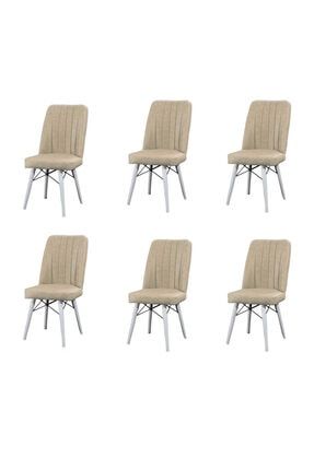 6 Adet Sandalye Takımı Kare Gold Beyaz Gürgen Ahşap Ayaklı Krem Mutfak Sandalyesi KG8008GHBYZ