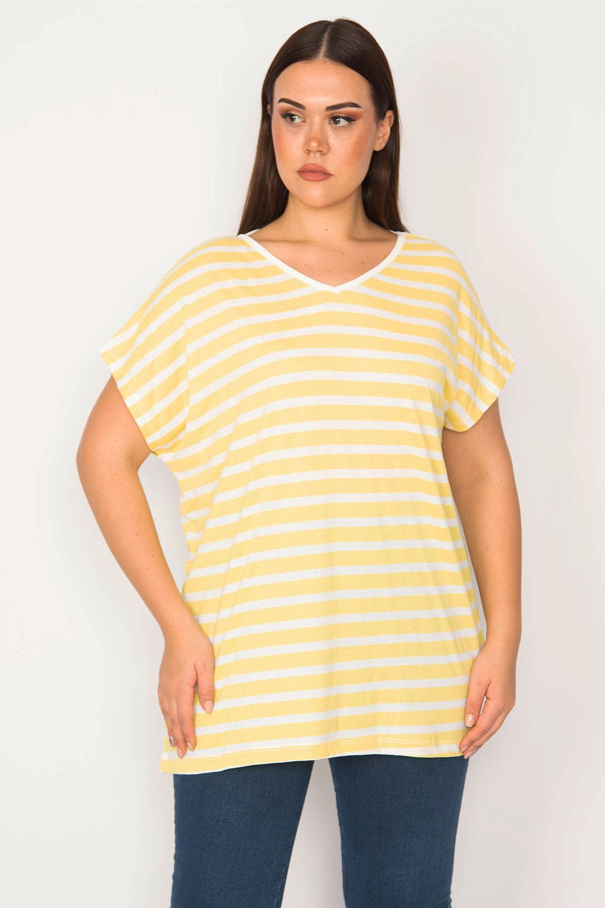 Şans-Women's Large Size Yellow Back Detailed V-Neck Low Sleeve Blouse 65n30175 4