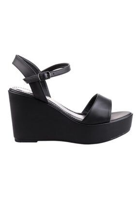 Siyah Bilekten Bantlı Dolgu Topuk Kadın Deri Sandalet P-00262