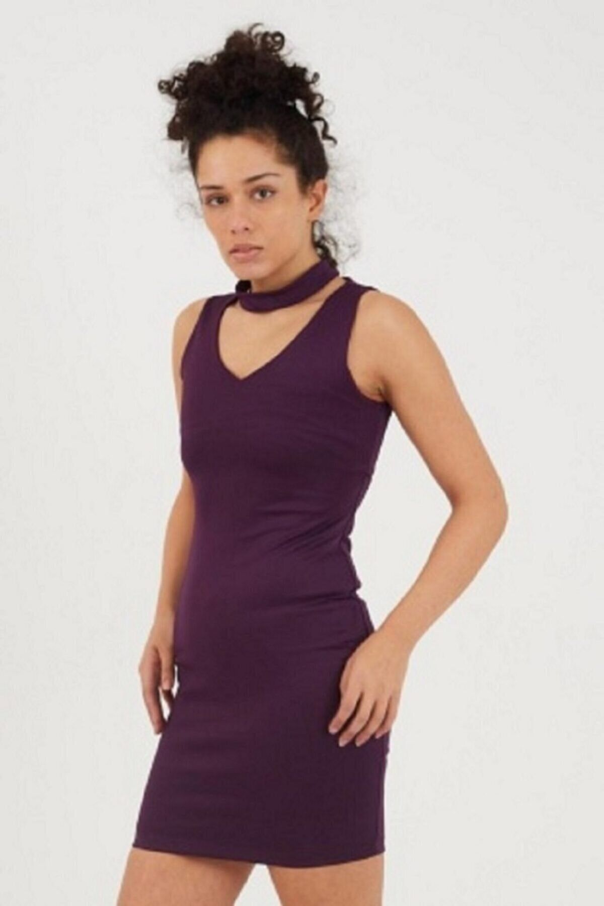 lovebox Women s Purple Flexible Diving Fabric Neck Detailed V Neck