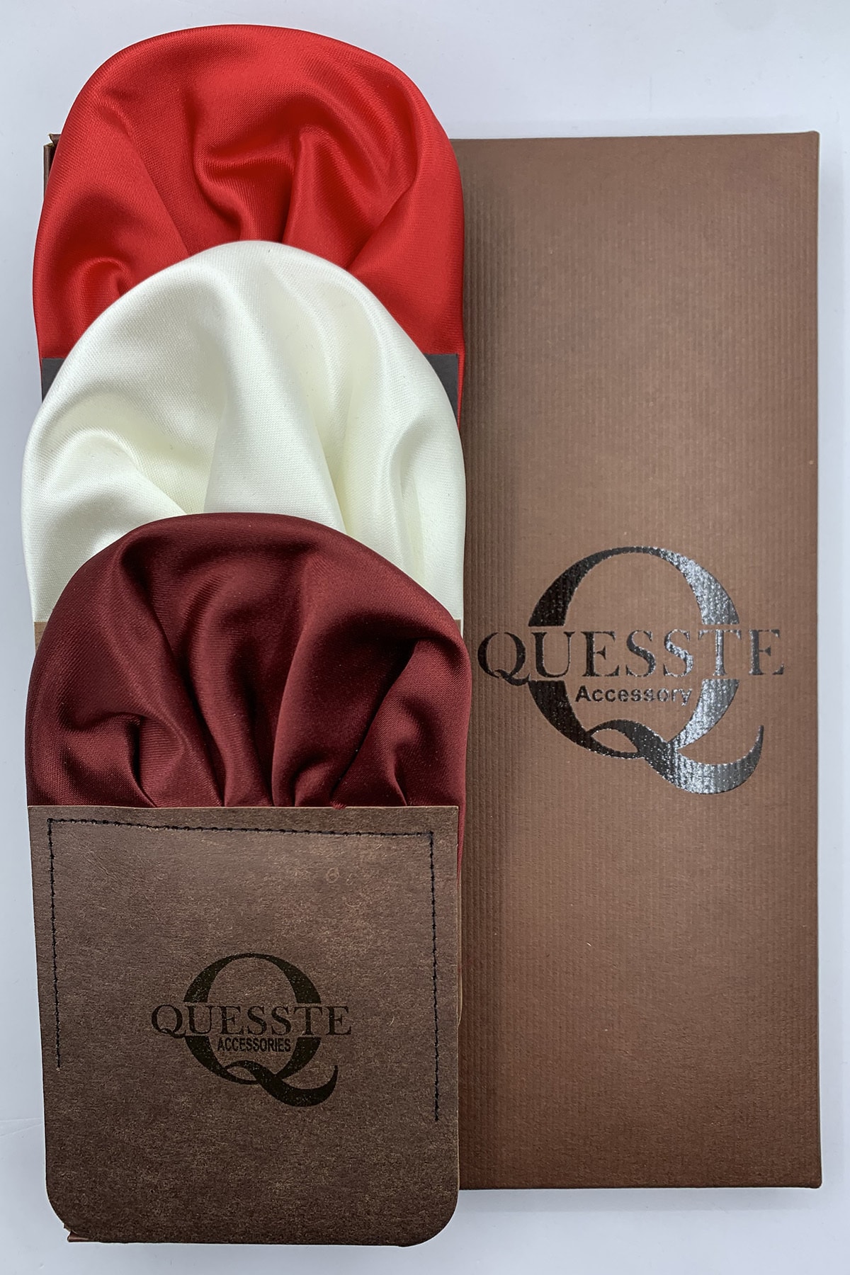 Quesste Accessory Erkek Kırmızı Bej Bordo 3'lü Set Hazır Katlanmış Takım Elbise Cep Yaka Mendili