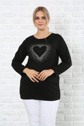 Kadın Siyah Büyük Beden Pırlanta Kalp Desen Bluz 99617