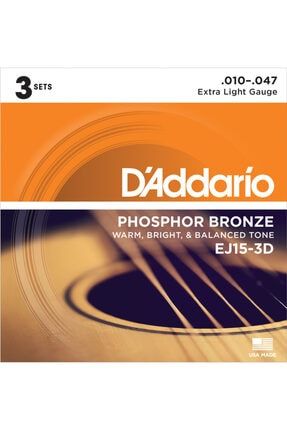 Daddarıo Ej15-3d Akustik Gitar Tel Seti, 3'lü Paket, Phosphor-bronz RD-EJ15-3D
