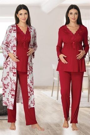 Kadın Kırmızı Dantel Detaylı Uzun Kollu Sabahlıklı Hamile Lohusa Pijama Takımı NUREFFORT000008094