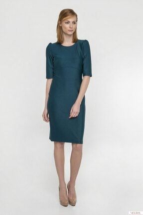 Kadın Yeşil Dalgıç Kumaş Zarif Tasarım Kalem Elbise N012
