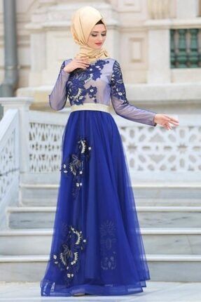 Kadın Sax Mavisiı Tesettürlü Abiye Elbise - Yakası Taşlı Tesettür Abiye Elbise 2757sx MGR-2757|00018_Sax Mavisi