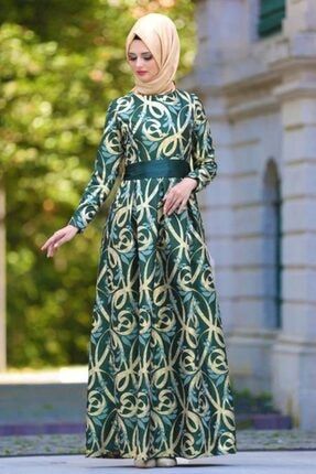 Kadın Yeşil Tesettürlü Abiye Elbise - Desenli Pileli Tesettür Abiye Elbise 2441y MGR-2441|00006_Yeşil
