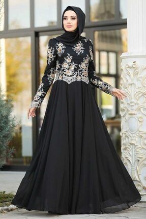 Kadın Siyah Tesettürlü Abiye Elbise - Pul Payet Detaylı Tesettür Abiye Elbise 7647s OZD-7647|00001_Siyah