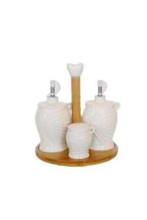 4'lü Porselen Bambu Standlı Yağlık Sirkelik Tuzluk Biberlik OZ1756